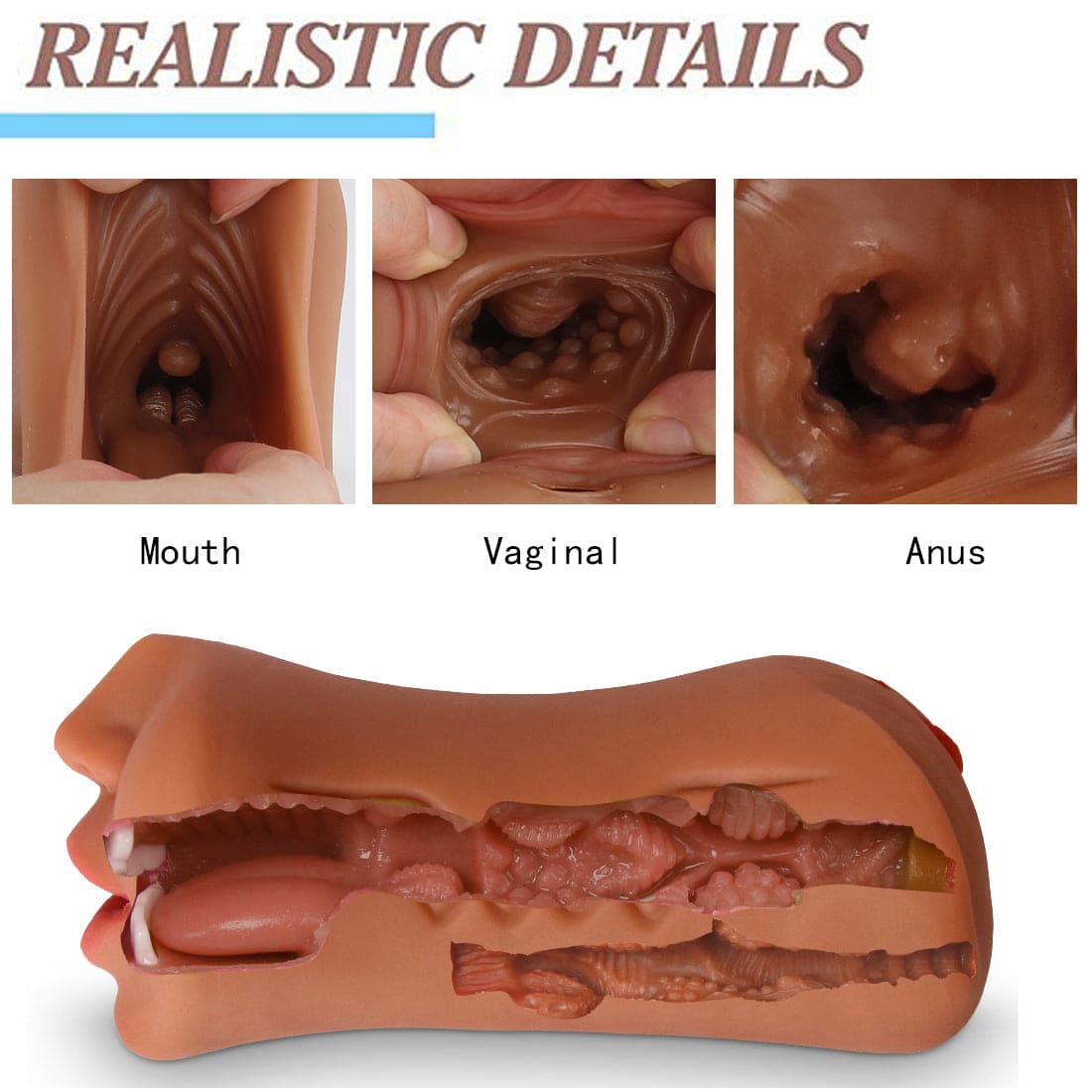 Realistic 3-in-1 Vagina Anal Handheld Pussy Male Masturbator 3D Dolls Sex Toys